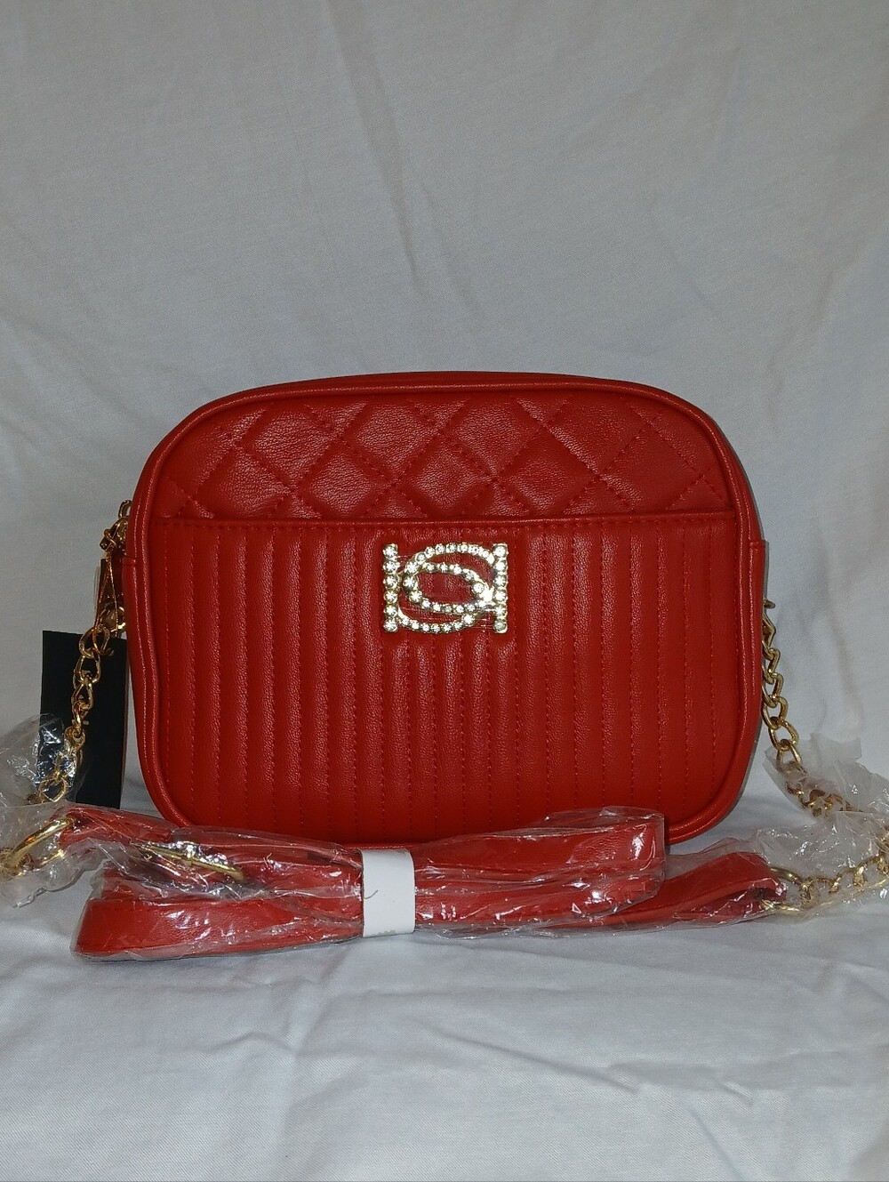 bebe Hazel Rhinestone Quilted Crossbody, Red, Faux Leather